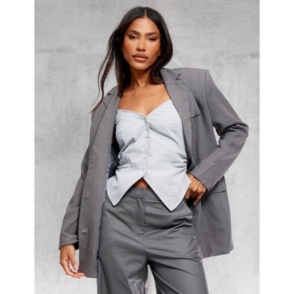 Prettylittlething Grey Textured Look Shoulder Padded Oversized Blazer - Picture 1 of 6